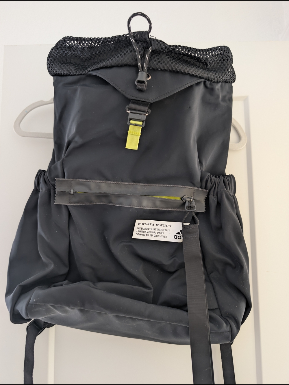 Adidas Black Cinch-Top Backpack with Neon Yellow Interior, Interior Pockets